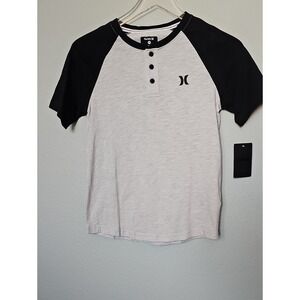 Hurley Boys Raglan Henley Shirt Size M 10-12 Grey Black Short Sleeve Logo NWT